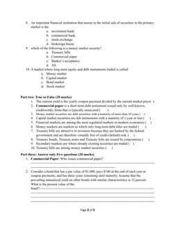 Financial Markets Final Exam Questions | PDF | United States Treasury ...