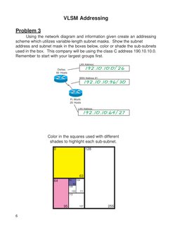 6
VLSM Addressing
Problem 3
Using the network diagram and information given create an addressing
scheme which utilizes variab