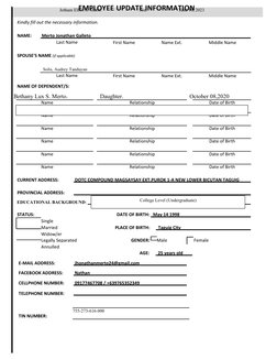 EMPLOYEE UPDATE INFORMATION
Kindly fill out the necessary information.
NAME:          Merto Jonathan Galleto