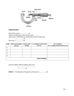 OBSERVATIONS:- 
 
Pitch of the screw = …………………  cm 
Total no. of divisions on the circular scale= …………… 
Least count = Pi