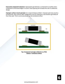 56
Top: Component strongly soldered on a PCB. 
Bottom: Tombstone defect
Inaccurate component clearance: Appropriate gap betwe