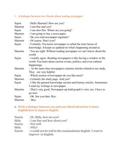 1. A dialogue between two friends about reading newspaper 
  
Sujon      
: Hello Sharmin! How are you? 
Sharmin   
: I am fi