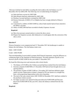 Mawunyo Ltd had its total debits exceeding the total credits in the trial balance as at 31st 
December 2021 by GH₵6,500. The