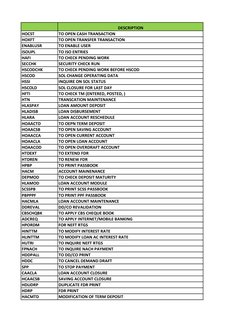 DESCRIPTION
HOCST
TO OPEN CASH TRANSACTION
HOXFT 
TO OPEN TRANSFER TRANSACTION
ENABLUSR
TO ENABLE USER
ISOUPL
TO ISO ENTRIE