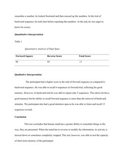 remember a number, he looked frustrated and then messed up the numbers. In the trial of 
backward sequence, he took time befo