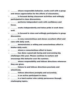 Report Card Comments on Student Behavior | PDF | Classroom | Learning