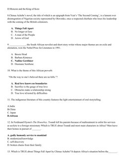 D.Monzon and the King of Kore
8.Chinua Achebe’s novel, the title of which is an epigraph from Yeat’s ‘The Second Coming’, is