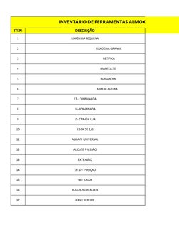 INVENTÁRIO DE FERRAMENTAS ALMOXERIFADO MM P
ITEN
DESCRIÇÃO
1
LIXADEIRA PEQUENA
2