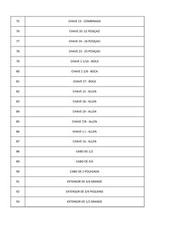 75
CHAVE 13 - COMBINADA
76
CHAVE 20 -22 POSIÇAO
77
CHAVE 24 - 26 POSIÇAO
78
CHAVE 23 - 25 POSIÇAO
79
CHAVE 1 1/16 - BOCA
80
C