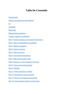 Tabla De Contenido
 
Introducción
Lidiar con emociones abrumadoras
Ira
Ansiedad
Depresión
Pensamientos negativos
Terapia cogn