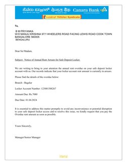 To, 
 
 B M PRIYANKA 
W/O MANJU KRISHNA 97/1 WHEELERS ROAD FACING LEWIS ROAD COOK TOWN 
BANGALORE 560005 
 BENGALUR