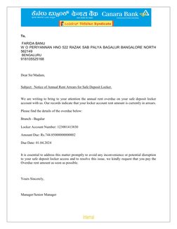 To, 
 
 FARIDA BANU 
W O PERIYANNAN HNO 522 RAZAK SAB PALYA BAGALUR BANGALORE NORTH 
562149 
 BENGALURU 
9181055251