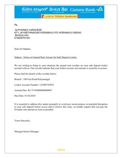 To, 
 
 ALPHONSA VARGHESE 
87/1 JAYABTHINAGAR HORAMAVU PO HORAMAVU 560043 
 BENGALURU 
919008761551  
 
 
 
Dear Si