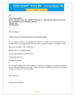 To, 
 
 ARTI SUDHINDRA 
NO.57, HLK NO.175/3, 1ST CROSS, PAPAIAH LYT, BEHIND DEVAMATHA SCHOOL, 
KALYANNAGAR PO,HORAM