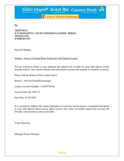 To, 
 
 DEEPAK R 
S O RANGAPPA L NO 95 HORAMAVU AGARA  560043 
 BENGALURU 
919980401401  
 
 
 
Dear Sir/Madam,