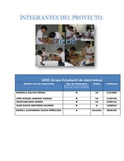 GEDE (Grupo Estudiantil de electrónica) 
Nombre de los integrantes  
 
Tipo de integrante: 
N: Niño, niña o joven inv