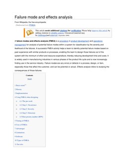 Failure mode and effects analysis 
From Wikipedia, the free encyclopedia 
  (Redirected from PFMEA) 
 
This article needs add