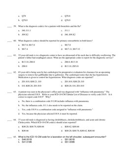 a. Q78 
c. Q78.8 
b. Q78.0 
d. Q78.9 
 
 
____ 59. What is the diagnosis code(s) for a patient with bronchitis and the flu?