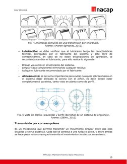MFA201 Mantenimiento Base Mecánico  
10 
Área Mecánica  
 
Fig. 4 Anomalías comunes de una transmisión por engranaje.  
Fue