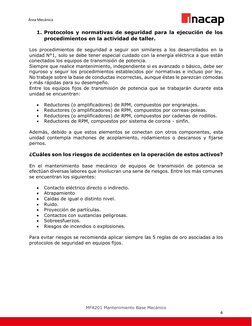 MFA201 Mantenimiento Base Mecánico  
4 
Área Mecánica  
1. Protocolos y normativas de seguridad para la ejecución de los 
p