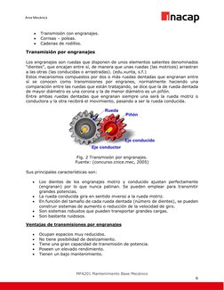 MFA201 Mantenimiento Base Mecánico  
6 
Área Mecánica  
 
• 
Transmisión con engranajes. 
• 
Correas – poleas. 
• 
Cadenas