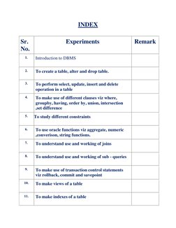 INDEX 
 
Sr. 
No.  
Experiments 
Remark 
1. 
Introduction to DBMS 
 
2. 
To create a table, alter and drop table. 
 
3. 
To p