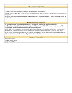 FASE 5: vivamos la experiencia
1. Lleven a cabo las acciones que plantearon en “Organizamos la experiencia”. 
2. Luego de un