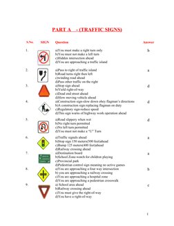 PART A    - (TRAFFIC SIGNS)
S.No.
SIGN
Question
Answer
1.
a)You must make a right turn only
b)You must not make a left turn
c