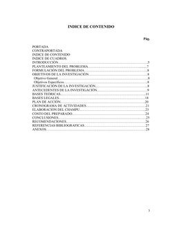 INDICE DE CONTENIDO
Pág.
PORTADA
CONTRAPORTADA
INDICE DE CONTENIDO
INDICE DE CUADROS.
INTRODUCCIÒN…………………………………………………………………….
