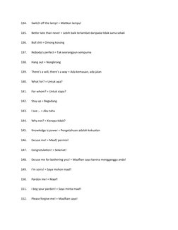 134.
Switch off the lamp! = Matikan lampu!
135.
Better late than never = Lebih baik terlambat daripada tidak sama sekali
136.