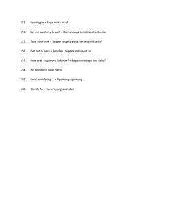 153.
I apologize = Saya minta maaf
154.
Let me catch my breath = Biarkan saya beristirahat sebentar
155.
Take your time = Jan