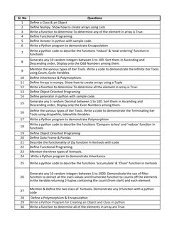 SI. No
Questions
1
Define a Class & an Object
2
Define Numpy. Show how to create arrays using Lists
3
Write a function to det