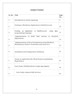 SUBJECTINDEX
Sr. No.
Title
Page
No.
1
Introduction to cloud computing.
9
2
Creating a Warehouse Application in SalesForce.com