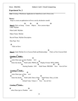 Class: BE(CSE)
Subject: Lab I- Cloud Computing
Experiment No. 2
Aim: Creating a Warehouse Application in SalesForce.com‘s For