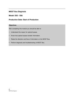 2
MOST Bus Diagnosis
MOST Bus Diagnosis
Model: E65 - E66
Production Date: Start of Production 
Objectives:
After completing t