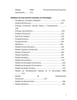 -
Modelo
 
PEOP:
 
Persona-Ambiente-Ocupación-
Desempeño………...111
Modelos de Intervención basados en Psicología:
-
Paradigmas