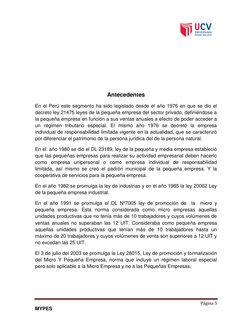 Página 5 
MYPES 
 
 
 
 
 
Antecedentes 
En el Perú este segmento ha sido legislado desde el año 1976 en que se dio el