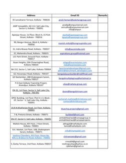 Address
Email ID
Remarks
35 Lansdowne Terrace, Kolkata - 700026
31, Indra Biswas Road, Kolkata - 700037
2C, Mahendra Road, Ko