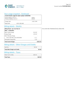 Page 3 of 4
9100 0850 8632
Account number 
duke-energy.com
800.777.9898
Your usage snapshot - Continued
 Current electric usa