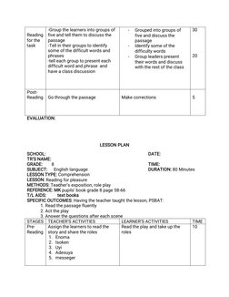 Reading
for the
task
-Group the learners into groups of
five and tell them to discuss the
passage
-Tell in their groups to id