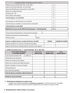 MOVIMIENTO GENERAL  DE RECURSOS DURANTE EL AÑO 2023
Saldo de recursos del año 2022  para  el  año  2023
$
Ingreso de Ofrendas