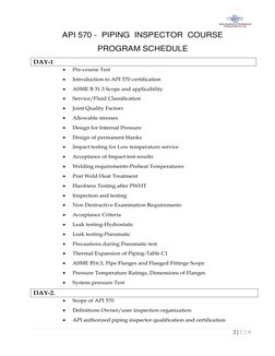 2 | 2 2 9  
 
API 570 -  PIPING  INSPECTOR  COURSE 
 
PROGRAM SCHEDULE 
 
DAY-1  
• 
Pre-course Test 
• 
Introduction to AP