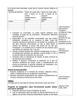 Si el precio tiene decimales, anota solo el número natural. Observa el
ejemplo 
Nombre del alimento 
Precio de venta (kilo,
l