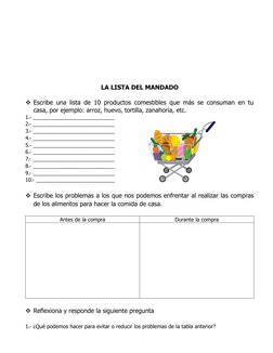 LA LISTA DEL MANDADO
Escribe una lista de 10 productos comestibles que más se consuman en tu
casa, por ejemplo: arroz, huevo