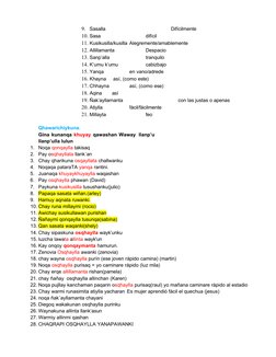 9.
Sasalla
Difícilmente
10. Sasa
difícil
11. Kusikusilla/kusilla Alegremente/amablemente
12. Allillamanta
Despacio
13. Sanp’a