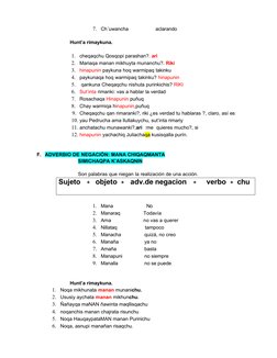 7.
Ch´uwancha
aclarando
Hunt’a rimaykuna.
1.
cheqaqchu Qosqopi parashan?. ari
2.
Mariaqa manan mikhuyta munanchu?. Riki
3.
hi
