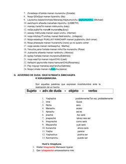 7.
Zoraidaqa ch'arkita manan munanchu (Zoraida)
8.
Noqa QOsQopi manan tiyanichu (lita)
9.
Lauracha clasesninchista Manaraq Ha