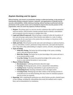 Explain Hacking and its types:
Ethical hacking, also known as penetration testing or white-hat hacking, is the practice of
in