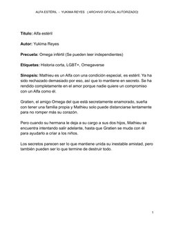 ALFA ESTÉRIL  -  YUKIMA REYES   ( ARCHIVO OFICIAL AUTORIZADO)
Título: Alfa estéril
Autor: Yukima Reyes
Precuela: Omega infért