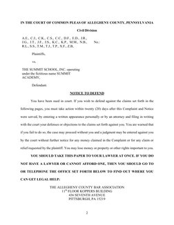 2 
IN THE COURT OF COMMON PLEAS OF ALLEGHENY COUNTY, PENNSYLVANIA 
 
Civil Division 
 
A.E., C.J., C.K., C.S., C.C., D.F., E.